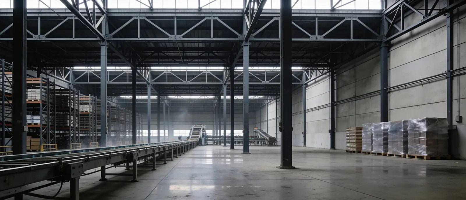 Inside a working manufacturing facility — steel structure, racking, and a quiet floor