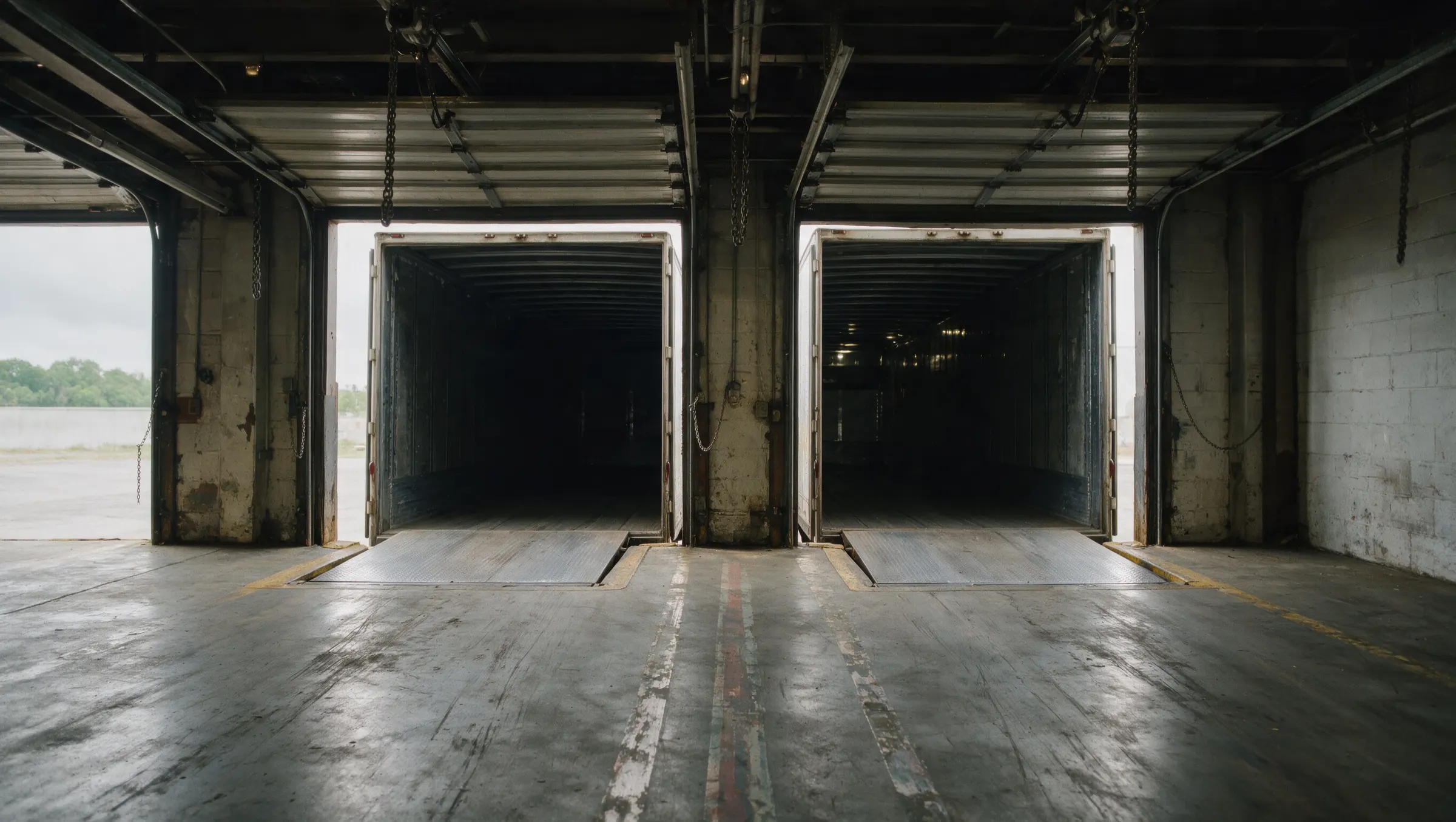 Inside a receiving dock: two open dock doors with trailers backed into the seal and dock plates down